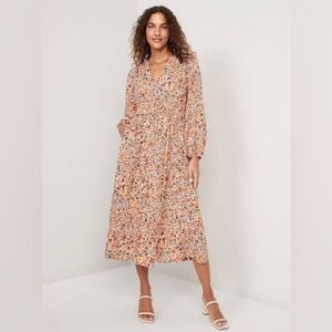 Old Navy Waist-Defined Puff-Sleeve Floral Smocked Midi Dress Women’s Size Large